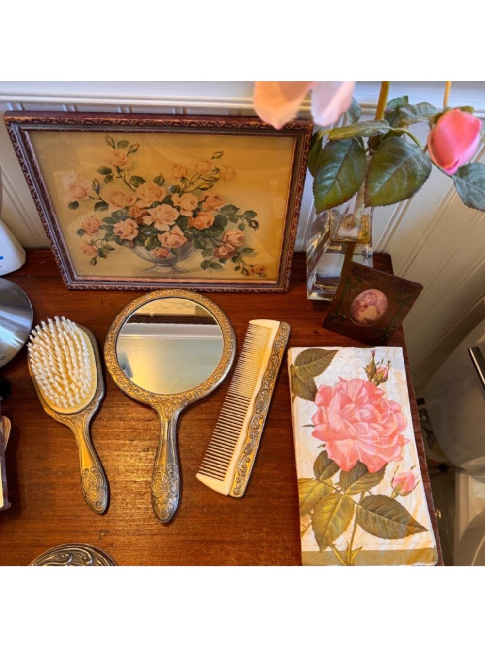 Victorian Silver Plate 3 Pc Vanity Set Mirror Brush & Comb Ornate Design Patina - Picture 10 of 16